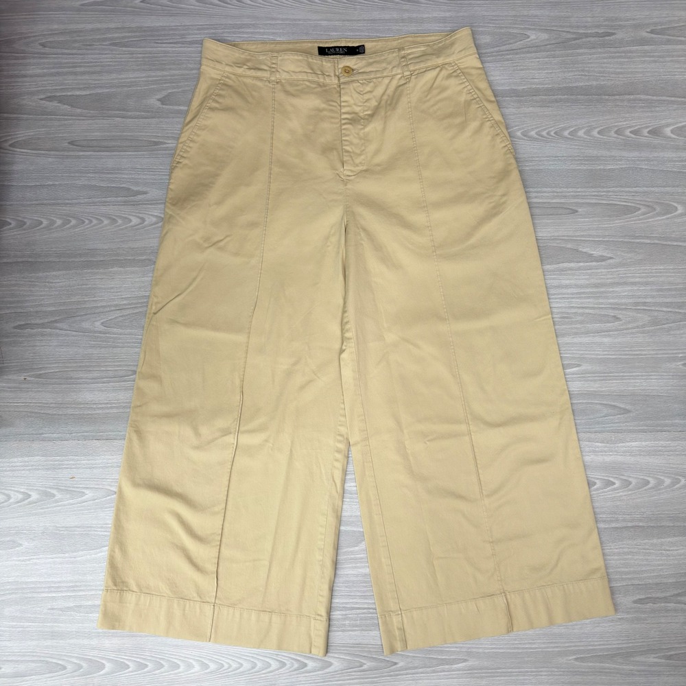 Lauren Ralph Lauren Tan Khaki Wide Leg Cropped Pants Size 10 High Rise Seam Fron